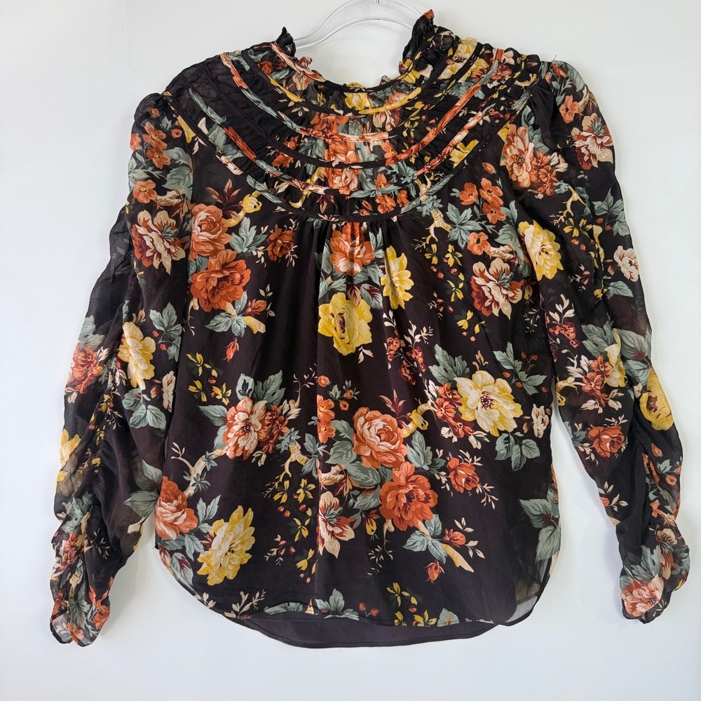 Veronica Beard Ares Floral Silk Georgette Blouse Womens 8 Oxblood Black VGUC